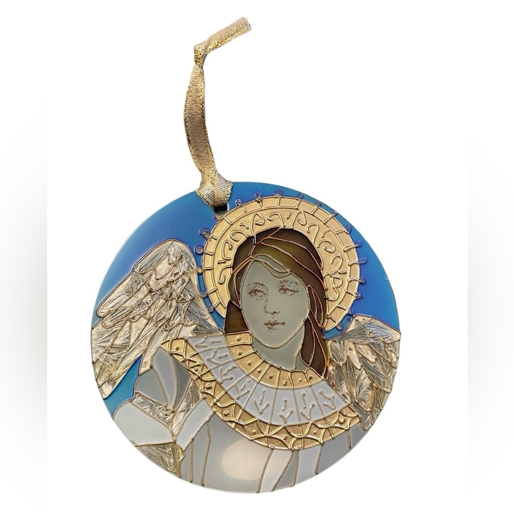Vintage READ Joan Baker Designs Hand Painted Glass Suncatcher Angel Religious 4”